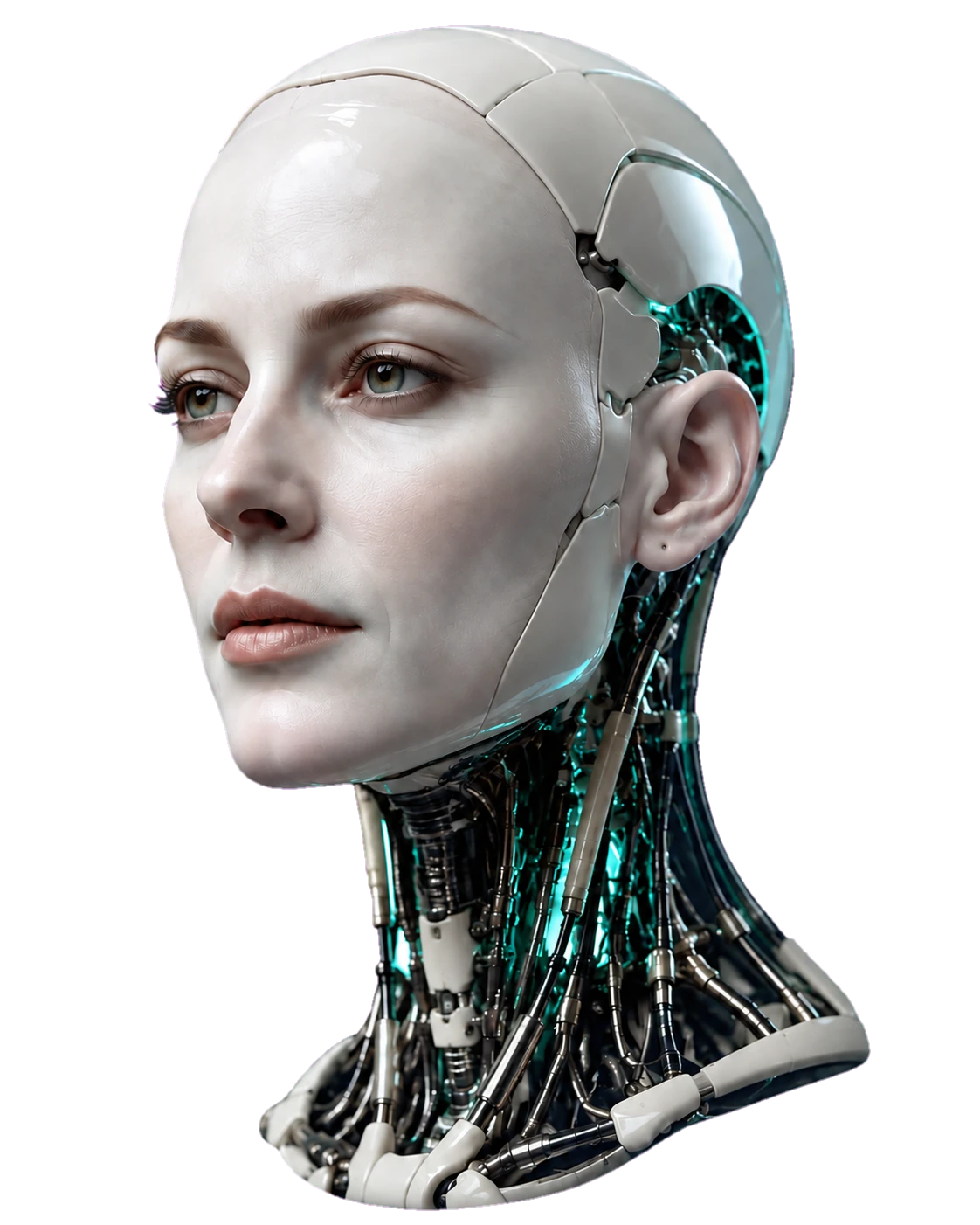Digital employee with realistic humanoid face and mechanical neck